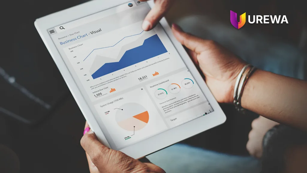Business chart and real-time dashboard on a tablet, used to check reconciled balances and operational figures after an ERP data migration