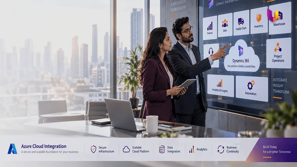 Microsoft Dynamics 365 applications — sales, finance, supply chain, service, HR and projects — connected around a central platform